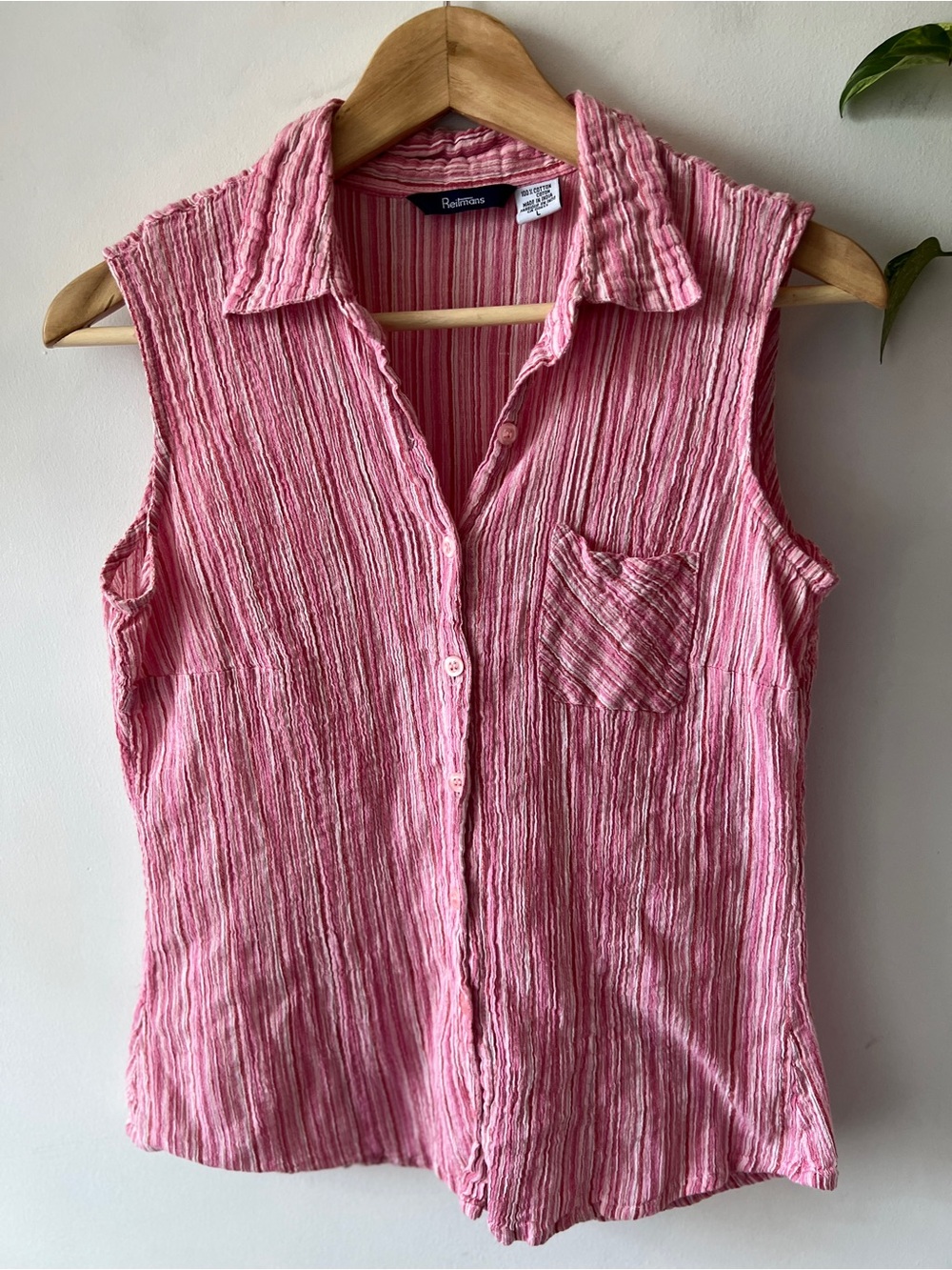 Reitmans Vintage Pink Striped Sleeveless Button-Down Shirt